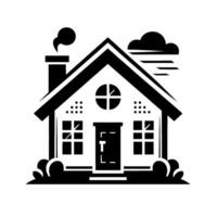 Minimalist black and white illustration of a charming house, featuring a chimney with smoke, a crossshaped window, and stylized cloud formations, alluding to a peaceful setting. vector