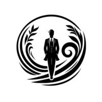 Elegant Silhouette of a Gentleman in a Suit Enclosed in a Stylized, NatureInspired Circular Frame, Representing Sophistication and Timelessness. vector