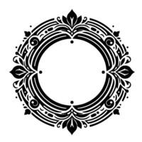 Elegant monochrome circular floral with ornate detailing featuring symmetrical leaf and line patterns. vector