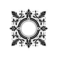 Symmetrical Black and White Ornamental Circular with Foliage and Dotted Details on a Blank White Background, evoking Classical Aesthetic. vector