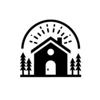 A minimalist, monochrome featuring a stylized house with an arched sunburst, flanked by trees, evoking nature and home. vector