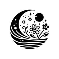 Celestial floral scene within a crescent moon, featuring stylized flowers, stars, a sun and flowing lines, rendered in a bold, minimalist blackandwhite , evoking a sense of tranquility. vector