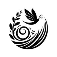 A stylized, monochromatic featuring a butterfly in flight, surrounded by natural elements of leaves, flowing lines, and a swirling central motif, conveying elegance and harmony. vector