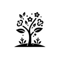 A stylized black silhouette of a blossoming tree with leaves, flowers, and dots against a pristine white backdrop, suggesting growth and nature. vector