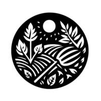 A stylized, blackandwhite circular depicting a harvest scene with fields, plants, a pitchfork, and a sun, evoking a feeling of simplicity and nature. vector