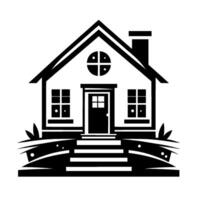 A minimalist monochrome house illustration featuring a pitched roof, chimney, small windows, and a front door with a small set of steps leading to a grassy border, set against a white background. vector