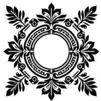 Intricate black and white symmetrical featuring stylized floral elements surrounding a central circular void, evoking classic ornamentation. vector