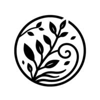 A minimalist, stylized emblem featuring a black and white circular composed of botanical elements like leaves, branches, and a flowing, wavelike shape. vector