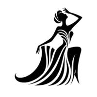 Elegant Silhouette of a Woman in a Flowing Gown, Gazing Upwards, in a Monochromatic, Minimalist . vector