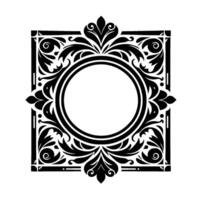 Intricate Black and White Decorative Frame, Featuring Floral and Geometric Elements, Central Circular Blank Space vector