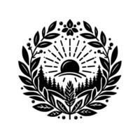 A circular black and white depicting a sunrise over a pine forest, framed by leaves, berries, and a central flower, evoking a sense of tranquility and nature. vector