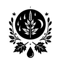 Abstract Monochrome Emblem A Black Circle Features Leaves, Wheat, Moon, and Raindrops, Surrounded by Floral Wreaths a Large Drop, Set on a White Canvas. vector