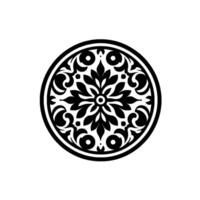 Intricate Black and White Circular Floral Ornament with Detailed Leaf and Scroll , Centered on White Background. vector