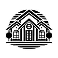 Monochromatic Geometric Home Illustration Modern, stylized architectural depiction of a house, with striking linear elements, a rounded sunlike backdrop, and minimalist aesthetic. vector