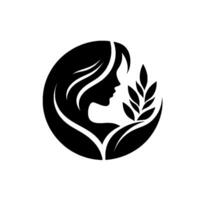 Silhouette of a woman with flowing hair and a sprig of leaves, forming a harmonious circular emblem, embodying nature and serenity. vector
