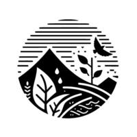 A stylized black and white illustration depicting a circular landscape with mountains, trees, a flying bird, and rain, symbolizing natures elements. vector