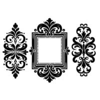 Elegant monochrome featuring a central square frame with ornate floral flourishes and two symmetrical decorative elements on a clean white background. vector