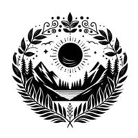 Serene black and white circular nature scene with mountains, trees, sun, lake, birds and floral frame, evoking peace and tranquility. vector