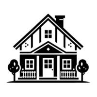 A simplified black and white illustration of a charming house with a gabled roof, a chimney, windows, a porch, and two stylized trees on either side, evoking a sense of idyllic homeownership. vector