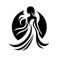 Elegant Silhouette A Graceful Woman in Flowing Gown Against a Moonlit Circle, Minimalist Black and White . vector