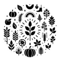 Circular Harvest Stylized Black White Composition of Autumnal Icons Including Pumpkin, Apple, Foliage, and Botanical Elements, a with radial symmetry. vector