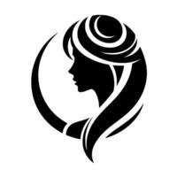 Elegant Silhouette of a Womans Profile Encircled, with flowing hair, rendered in stark black against a pristine white backdrop, embodying grace. vector