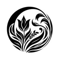 Intricate Floral Monochromatic Elegant Black and White Composition of a Tulip, Foliage, and Decorative Swirls Encased in a Circular Frame. vector