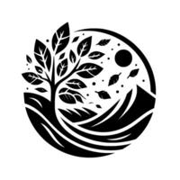 A minimalist, blackandwhite illustration showcasing a tree with falling leaves within a circular frame, with a mountain silhouette and sun, evoking nature and tranquility. vector