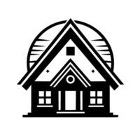 Stylized Black and White Home A symmetrical house , set against a circular backdrop, evokes a modern and minimalist aesthetic, and simple elegance. vector