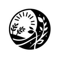 Abstract black and white circular illustration featuring a stylized sun, foliage, and hills, symbolizing growth and nature within a minimalist . vector
