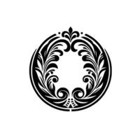 Intricate Black and White Circular Floral with Ornamental Leaves and Delicate Curl Elements, Set Against a Clean White Background. vector