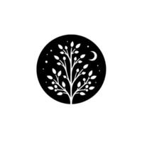 Minimalist black and white featuring a tree with leaves, a crescent moon, and stars inside a circular frame, evoking a sense of nature and serenity. vector