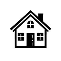 A minimalist black and white illustration of a simple house with a gabled roof, chimney, crossshaped windows, and an open door, representing home and shelter. vector
