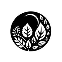 Botanical Black and White Illustration A Circular Composition of Stylized Leaves and a Crescent Moon, Suggesting Growth and Natures Harmony. vector