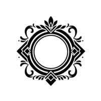 Elegant Black and White Ornamental Frame Featuring Circular Center, Geometric Shapes, and Detailed Flourishes. vector