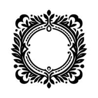 Elegant Black and White Floral Crest Featuring a Central Circular Aperture, Adorned with Intricate Leafy Embellishments on a Clean White Background. vector