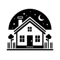 Serene black and white illustration of a cozy house under a crescent moon and starry night sky, with trees and minimalist fence elements. vector
