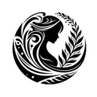 Elegant Silhouette A serene womans profile within an organic, circular composition of stylized waves and botanical elements, a harmonious fusion of nature and femininity, a sophisticated, modern ill vector