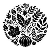 Circular black and white botanical featuring a pumpkin, leaves, berries, and other fall elements, creating a harmonious, symmetrical composition. vector