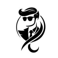 Stylish Black and White Silhouette of a Cool Man in a Suit, Sunglasses, and Swirls, on White Background. vector