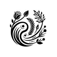 Black White Floral Yin Yang A stylized, symmetrical composition of flowers, leaves, and abstract swirling elements, creating a harmonious, elegant visual. vector