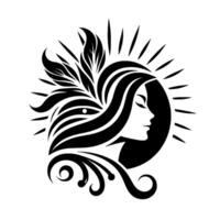 Elegant Black and White Silhouette of a Woman Adorned with Leafy Accents, Sun Rays, and Intricate Swirls on a Plain White Background, Representing Serenity. vector