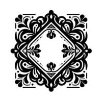 Intricate Black and White Ornamental A Symmetrical Composition Featuring Floral Motifs within a DiamondShaped Frame and a Square Border, Exuding Elegance. vector