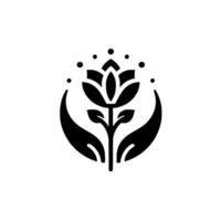 Elegant minimalist black flower emblem with leaves, dots, and curved shapes evoking nurturing, growth, and harmony on a white backdrop. vector