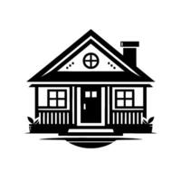 Minimalist Black and White Cottage Illustration with Porch, Chimney, and Details like potted plants and a decorative attic window, set against a stark white background. vector