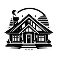 A stylized, black and white illustration of a cozy home, complete with a chimney, windows, and decorative stars, emanating a warm and inviting feeling with a semicircular halo. vector