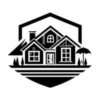 Monochrome architectural illustration of a house enveloped in protective geometric forms, featuring an umbrella and stylized trees, representing safety and security. vector