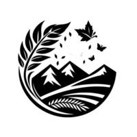 Elegant monochrome nature scene within a circle, featuring mountains, leaves, butterflies, a crescent moon, and wheat, rendered in a clean, stylized , evoking a sense of serenity and natural har vector