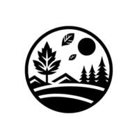 A minimalist circular emblem depicting a stylized landscape with a large leafy tree, evergreen trees, mountains, sun, and floating leaves in black and white. vector