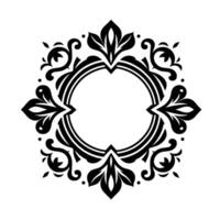A symmetrical black and white floral ornament composed of a circle frame embellished with intricate leaflike designs and swirling embellishments on a white backdrop. vector
